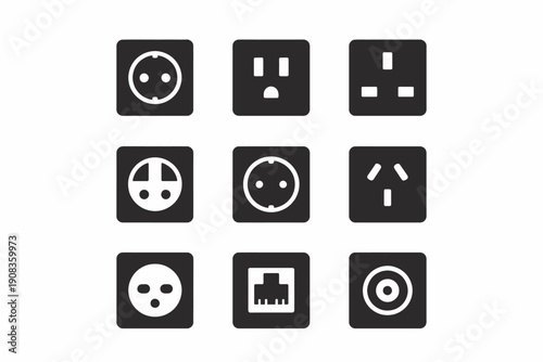 Collection of various global power outlet icons and connectors