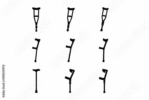 Various styles of crutches silhouettes collection for mobility assistance