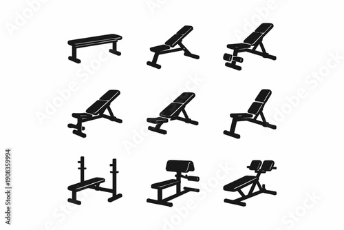 Collection of various gym benches and workout equipment icons