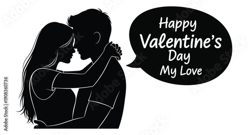 A silhouetted couple embraces in a loving pose with a speech bubble displaying a valentine s day message