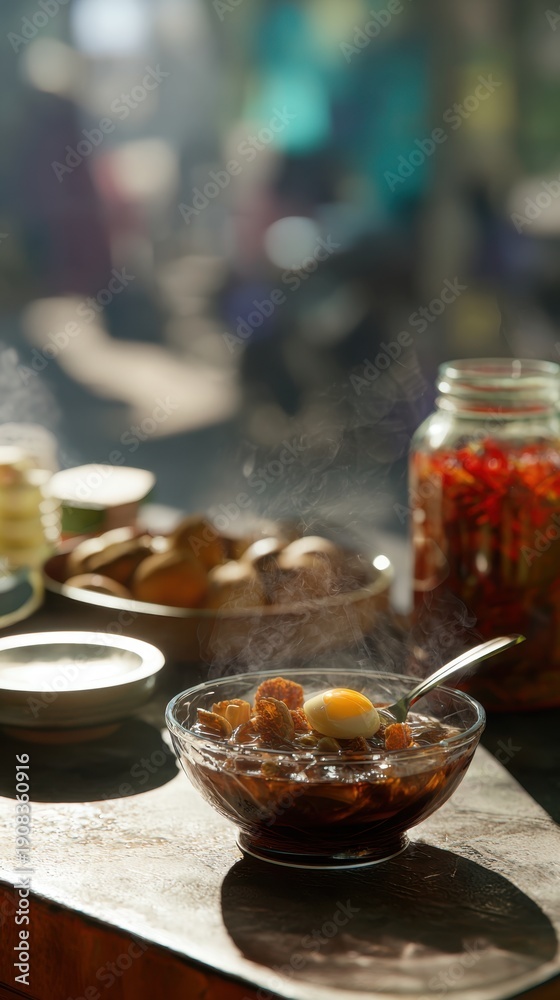 Fototapeta premium Steaming Bowl of Goulash with Egg