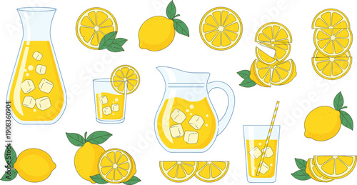 Fresh Homemade Lemonade Vector Set Featuring Pitchers, Glasses with Ice, Sliced Lemons, and Whole Citrus Fruits for Summer Refreshment and Organic Juice Branding