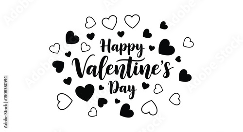 A charming black and white illustration displays the text happy valentine s day surrounded by various heart shapes