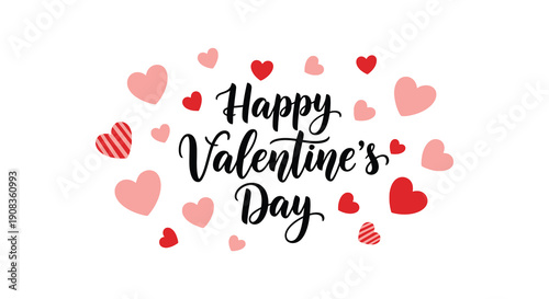 A cheerful valentine s day greeting features hand lettered text and scattered pink hearts on a white background high quality