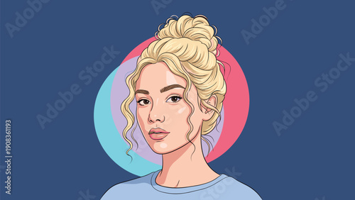 Beautiful young woman with blonde hair styled in a bun looking forward against a background of soft colored circles on dark blue.