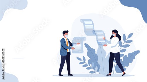 Two business professionals wearing face masks and holding long documents while standing in a clean minimalist environment.