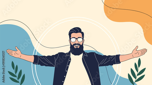 Happy bearded man with glasses and open arms standing confidently against a background of colorful abstract shapes and plants.