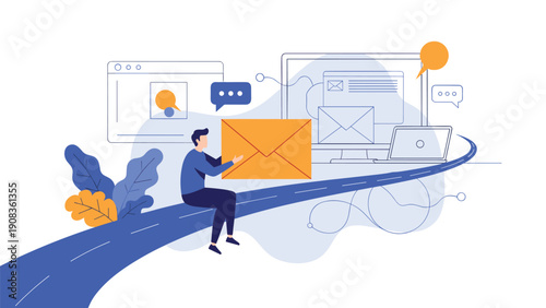 Young man sits on a blue digital path while holding a large orange envelope representing modern electronic communication and global connectivity.