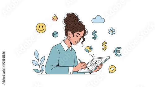Creative female artist works on a digital tablet while surrounded by various icons symbolizing money love communication and social media ideas.