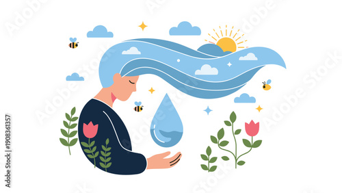 Artistic illustration of a woman with flowing blue hair resembling water surrounded by nature elements like sun clouds bees and blooming flowers.
