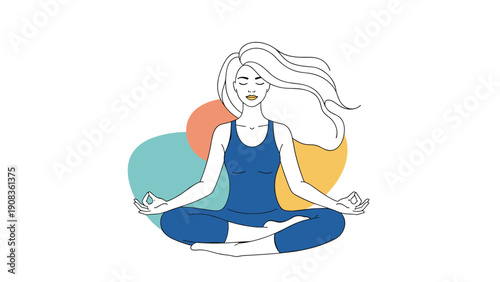Serene woman practices mindfulness meditation in a classic yoga pose surrounded by colorful abstract shapes representing inner peace and balance.