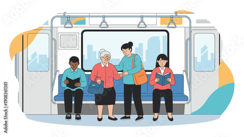 Kind young woman helps an elderly lady standing on a busy public subway train while other passengers are preoccupied with reading and traveling.