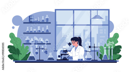 Focused female scientist conducts research using a microscope in a highly detailed laboratory setting filled with various chemical test tubes.