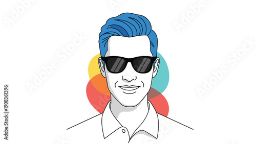 Cool and stylish man with blue hair wears trendy black sunglasses and smiles confidently in front of colorful overlapping circular shapes.