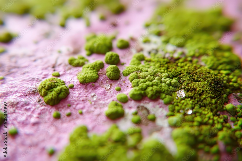 Obraz premium Vibrant green mold on a soft pink mineral surface, extreme close-up