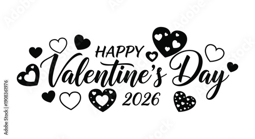 A black and white graphic displays happy valentine s day with scattered hearts and a year high quality professional