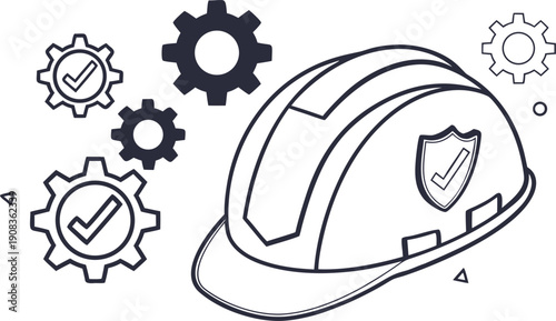A hard hat with a shield and checkmark represents safety and quality assurance in construction or industry