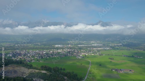 Aerial view around the mountains in Liechtenstein on a cloudy summer morning