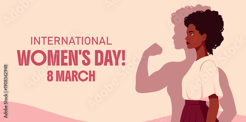  International Women's Day, March 8, Equality Day. Vector horizontal banner with space for text, confident African American woman next to her strong shadow. Feminism, women's empowerment, freedom