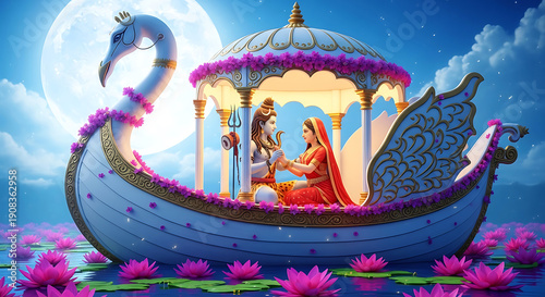 Lord Shiva and Parvati seated in a swan boat surrounded by lotuses