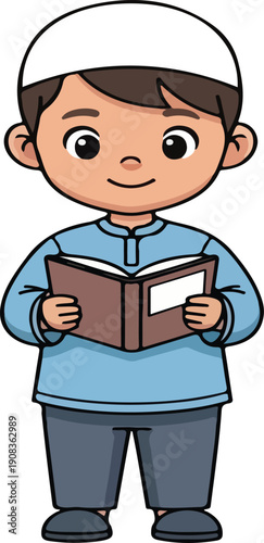 Young Boy Wearing Cap Holding Book.