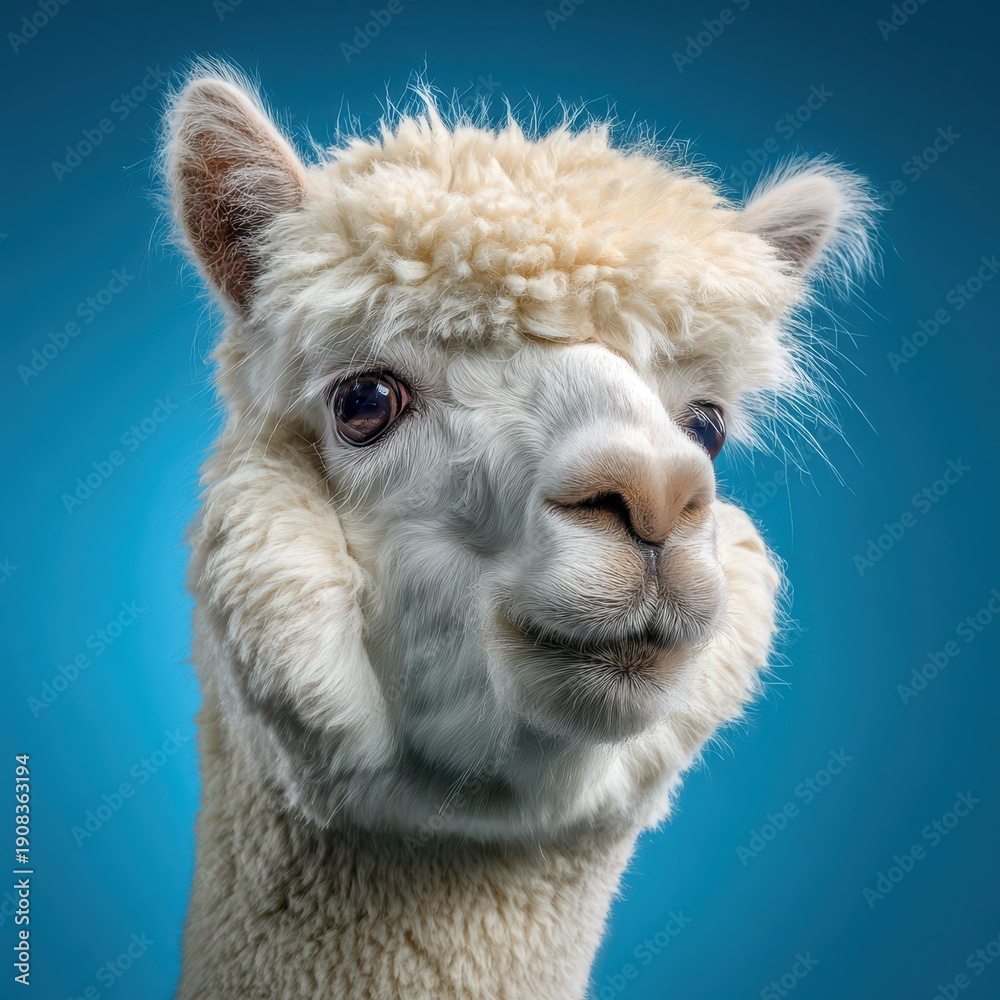 Fototapeta premium Whimsical white alpaca character in a bright cobalt studio setting