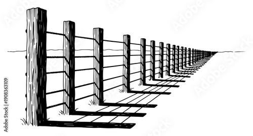 Hand drawn woodcut illustration of a wooden fence disappearing into the distance with deep perspective