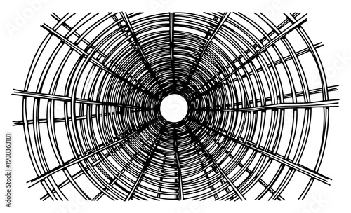 Hand drawn engraving of a circular metal grid or tunnel structure in perspective