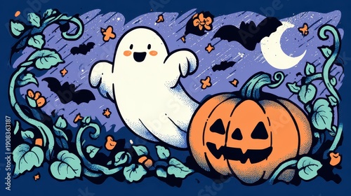 Whimsical Halloween Tee Design featuring Friendly Spirit, Pumpkin Glow, and Night Sky