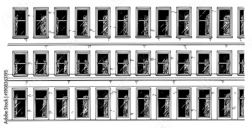 Vintage architectural sketch of a factory building facade with repetitive windows and industrial design