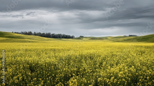 Wide landscape of a blooming canola field beneath an overcast sky