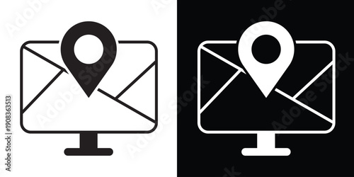 Online location icon featuring a computer monitor with a map and GPS pin. Vector symbol for digital navigation, tracking, local business search, and web-based mapping services.