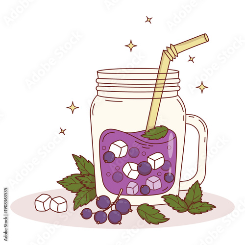 Purple Blackcurrant Drink with Ice Cubes, Berries in clear in mason jar. Summer Refreshing Cocktail with straw and Mint. Vector Illustration Lemonade Healthy Seasonal smoothie