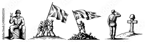 Set of woodcut style illustrations depicting World War II soldiers in various scenes of victory and remembrance