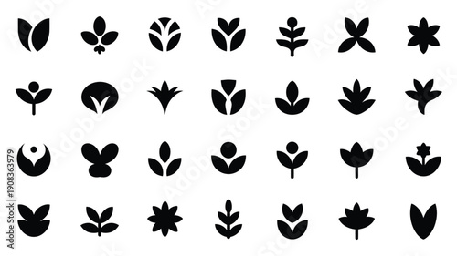Elegant silhouette logos themed around flowers and leaves on white background for branding and design