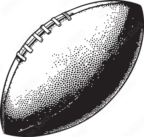 A detailed black and white illustration of a classic american football.