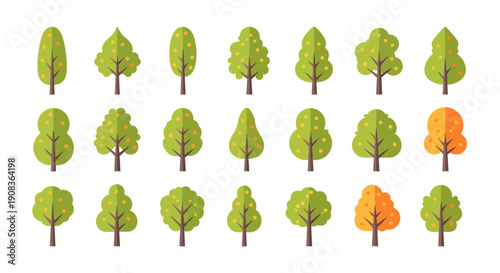 Collection of Flat Design Trees, Diverse Styles and Colors, Nature Elements