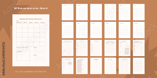 Set of minimalist monochrome abstract planners. Daily, weekly, monthly planner template. Blank printable vertical notebook page with space for notes and goals