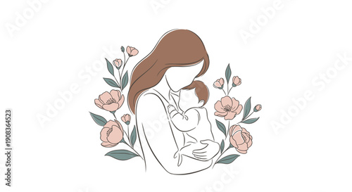 Mother breastfeeding baby, line art illustration with pink flowers, for poster or social media, Isolated on transparent background, png