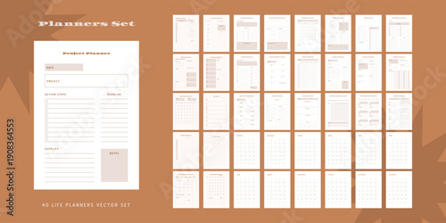 Set of minimalist monochrome abstract planners. Daily, weekly, monthly planner template. Blank printable vertical notebook page with space for notes and goals