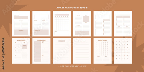 Set of minimalist monochrome abstract planners. Daily, weekly, monthly planner template. Blank printable vertical notebook page with space for notes and goals