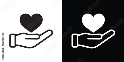 Minimalist hand holding a heart icon. Symbol for care, love, charity, healthcare, and support. Modern black and white flat vector set for social and medical concepts.