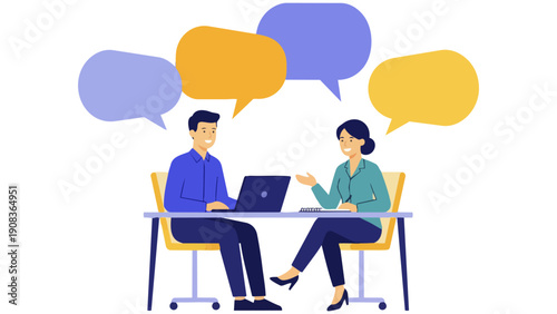 プレゼン資料や会議のビジュアルに最適なノートパソコンを囲み、にこやかに意見を交わすビジネスパーソンのイラストです。吹き出しが飛び交う活気ある雰囲気の中で、互いの信頼と協力が未来への成功を予感させます。