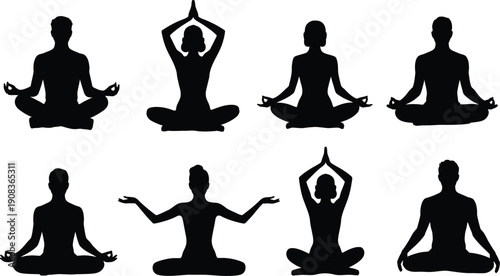 Meditation silhouettes set, yoga and mindfulness poses collection, calm human figures sitting in lotus and breathing positions, wellness relaxation concept, spiritual harmony symbols