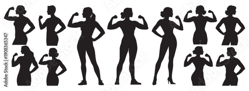 Vector set of various female silhouettes, women silhouettes. Strong, power women. Confident women in athletic poses with toned muscles. For feminist, sports projects, fitness, wellness, motivational