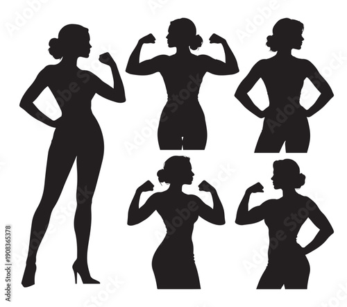 Vector set of various female silhouettes. Power women. Confident women in athletic poses with toned muscles, standing with biceps on their arms. For feminist, sports, fitness, wellness, motivational