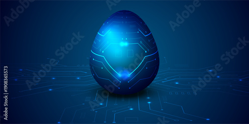 Technology Easter Egg with electronic circuit lines in blue glowing tones. Concept of artificial intelligence holiday. Ai card vector background.