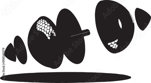 A whimsical illustration of a group of abstract, floating, black objects