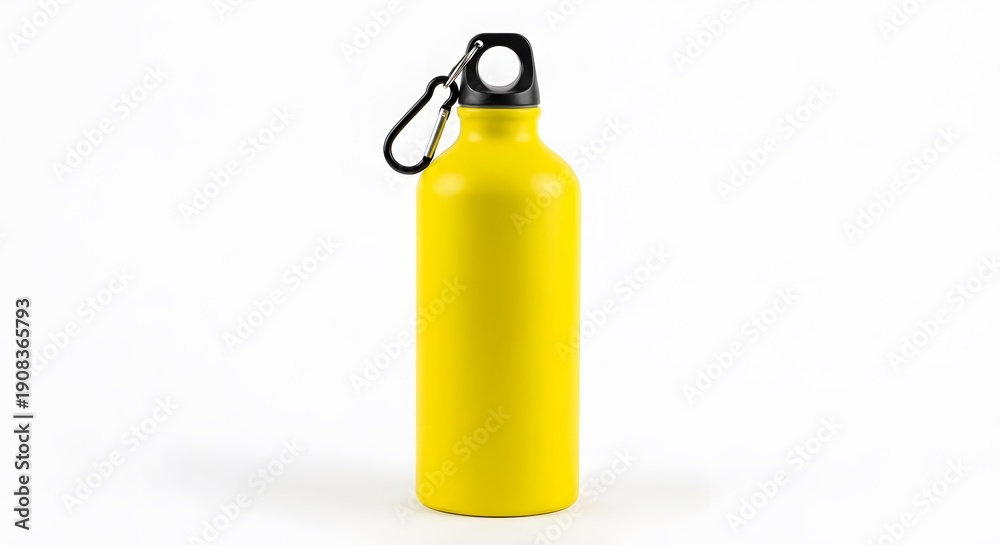 Obraz premium Yellow metal water bottle with carabiner clip on white background