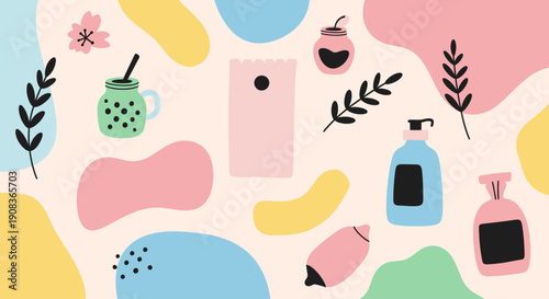 Variety of personal care and lifestyle items arranged on a flat surface with decorative elements and abstract shapes